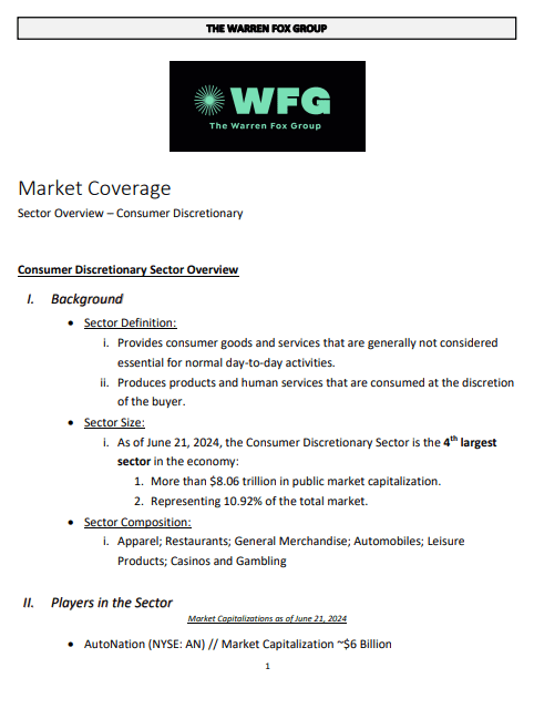 A market coverage sheet with the following information.