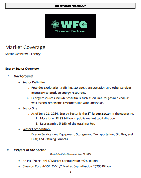 A market coverage sheet for an energy sector.