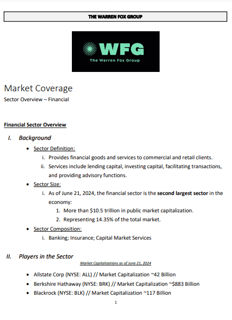 A market coverage sheet for financial services.